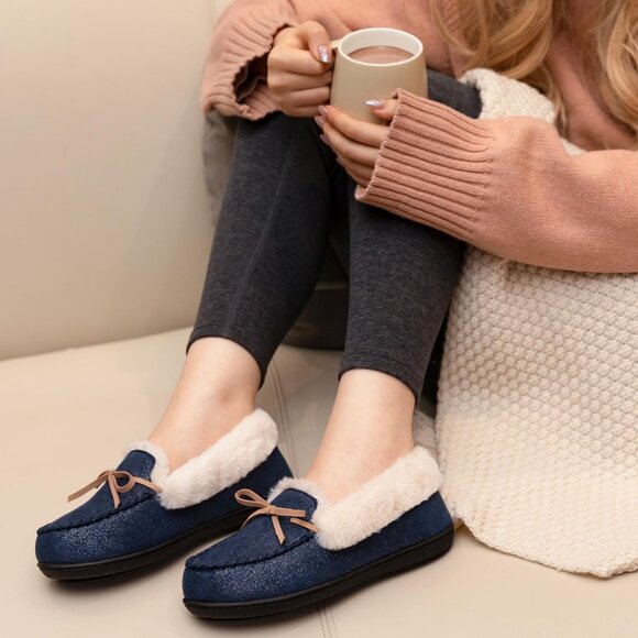 Women's Glittered Faux Fur Lining Wrap Rubber Sole Navy Blue Slipper Bootie - Picture 2 of 6